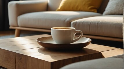 Fototapeta na wymiar Minimalist living room with wooden coffee table near sofa close-up, light yellow theme colors, morning with sunlight rays from Generative AI