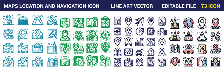 Maps location and navigation icon set. simple line icons collection. Navigation icons and Maps pointer icons. Location symbols. Vector illustration.