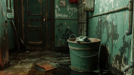 Bucket with mob in flooded basement or electrical room - obrazy, fototapety, plakaty