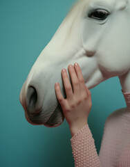 Illusionistic photograph of a woman with a horse's head.Surreal creative nature concept.Copy space,top view.Generative Ai