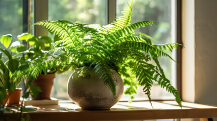 Nephrolepis exaltata (Boston fern, Green Lady) adorns a wooden table, adding a touch of nature to modern home interiors. Cozy decor for home gardens.