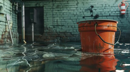 Bucket with mob in flooded basement or electrical room - obrazy, fototapety, plakaty
