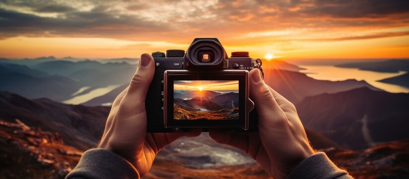 close up portrait of hand holding digital camera and taking photo of sunrise
