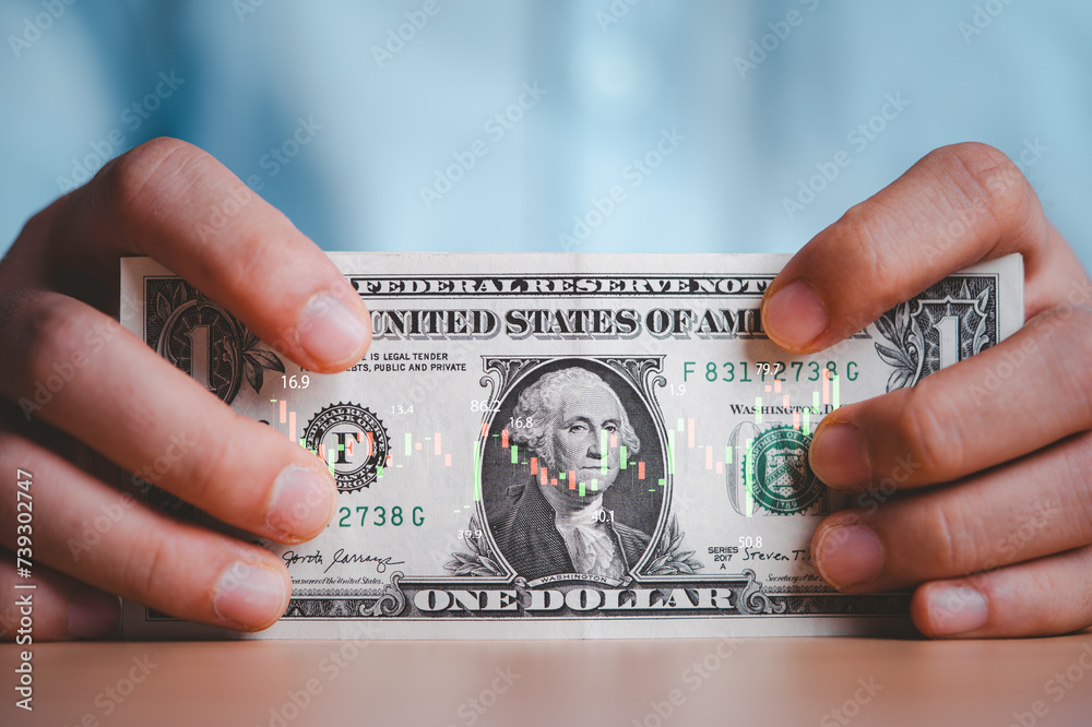 Sticker Businessman holding USD dollar banknote with stock market trading graph for Dollar currency is the main exchange and transfer money in the world.