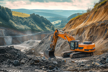 An excavator works in a quarry extracting ore. - obrazy, fototapety, plakaty