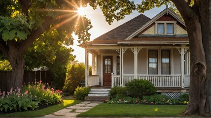 Small old antique house with entrance porch and front yard lawn and flower beds, with morning sunlight from Generative AI