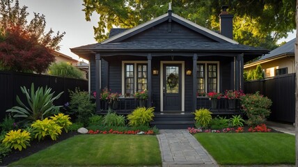 Fototapeta na wymiar Small old black theme house with entrance porch and front yard lawn and flower beds, with morning sunlight from Generative AI