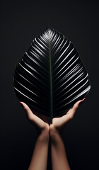 woman holding a  tropical  black leaf.Minimal creative nature concept.Top view,flat lay,copy space.Generative AI