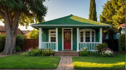 Small old green theme house with entrance porch and front yard lawn and flower beds, with morning sunlight from Generative AI