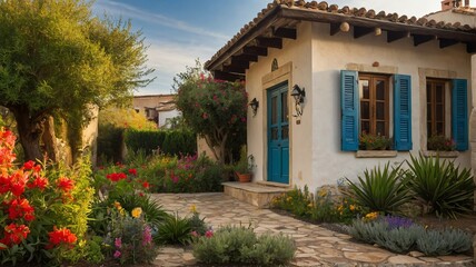 Fototapeta premium Small old mediterranean house with entrance porch and front yard lawn and flower beds, with morning sunlight from Generative AI