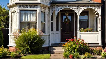 Small old victorian house with entrance porch and front yard lawn and flower beds, with morning sunlight from Generative AI