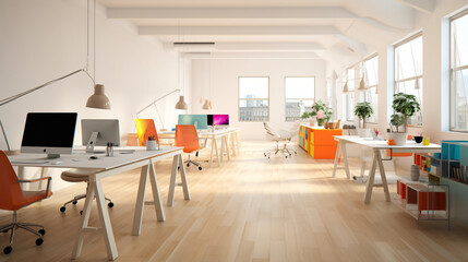 A minimalistic office with light wood floors, white desks, and colorful ergonomic chairs.