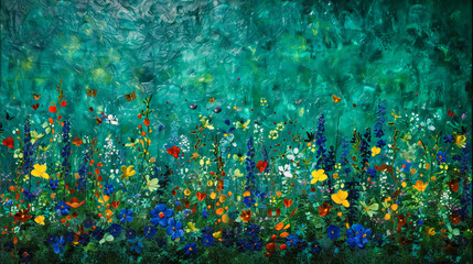Fototapeta na wymiar Artistic field of flowers, a vibrant summer landscape painted in vivid colors, a beautiful blend of nature and creativity