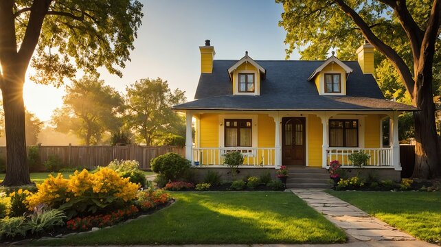 Small old yellow theme house with entrance porch and front yard lawn and flower beds, with morning sunlight from Generative AI