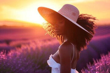 A woman in a sun hat stands in a lavender field at sunset