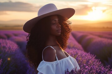 A woman in a sun hat is standing in a lavender field under the bright sky