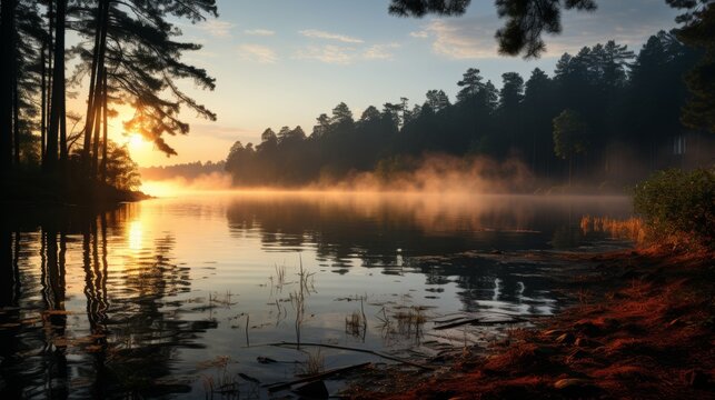 A misty morning by a forest lake, the mist hovering over the calm water, the silhouettes of trees em © ProVector
