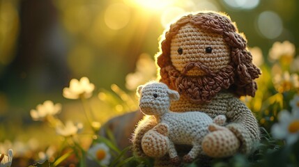 crochet doll of jesus christ holding a lamb in his arms