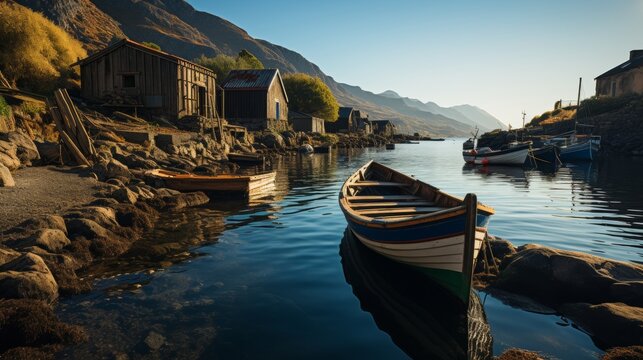 A serene fishing hamlet at dusk, the sun setting behind the hills, casting a soft light over the tha