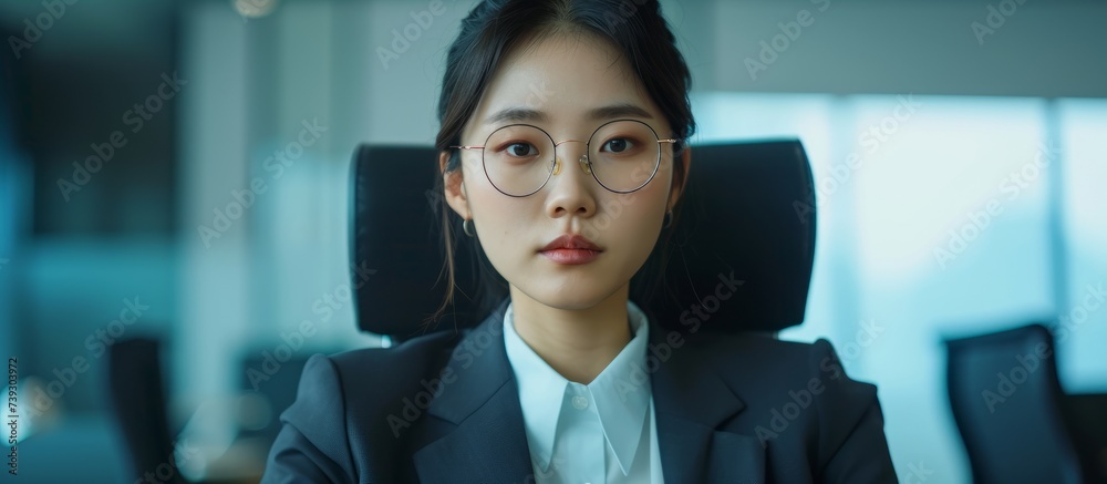 Sticker Confident young businesswoman in stylish eyeglasses and elegant suit standing