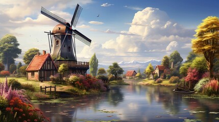 Landscape with tulips, traditional Dutch windmills and houses near a canal in Zaanse Schans, Netherlands, Europe - obrazy, fototapety, plakaty