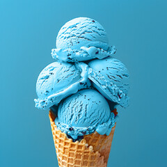 blueberry Ice cream in the cone on blue background