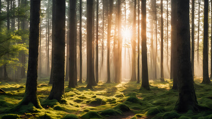 Mysterious forest in the morning with fog and sunbeams