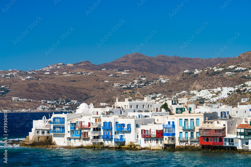 Sticker little venice part of mykonos town, on mykonos island, greece