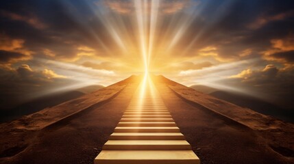 succesful  pathway that is now illuminated but still unknown, leading to a bright future of possibilities, the hero's journey has just begun,  poster style