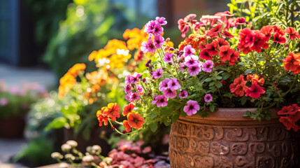 Fototapeta na wymiar A delightful composition of vibrant summer flowers fills a large pot, adding charm to the garden landscape with its colorful blooms.