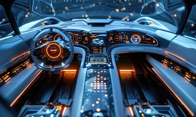 Cockpit of futuristic autonomous car  - obrazy, fototapety, plakaty