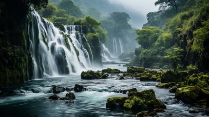 Fototapeta na wymiar A majestic waterfall cascading down a rocky cliff, mist rising from the thunderous water, the surrou