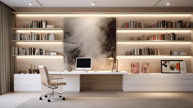 A minimalistic office with white workstations, floating shelves, and a large abstract painting as a focal point.