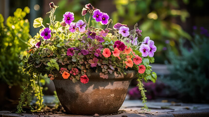 A delightful composition of vibrant summer flowers fills a large pot, adding charm to the garden landscape with its colorful blooms.