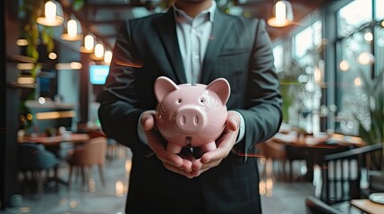 Obraz premium Businessman Holding Pink Piggy Bank for Savings