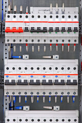 Electric current circuit breakers for the protection of electrical networks. Close-up.