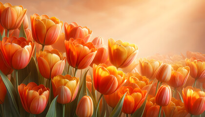 Obraz premium Orange tulips on an orange background. Spring flower wallpaper.