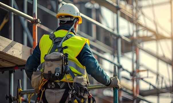Worker in hard helmet and green vest making or installing scaffold on building side.