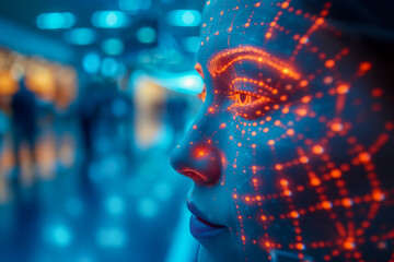 Futuristic photo of biometric and retina scan technology. Closeup side view female face with orange...