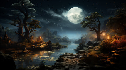 Obraz premium Un tableau captivant révèle un monde fantastique où les étoiles dansent avec les arbres et les rivières murmurent des secrets anciens. 