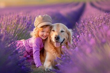 a little girl is hugging a dog in a lavender field