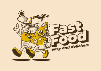 Fast food, easy and delicious. Character illustration of running pizza and soft drink