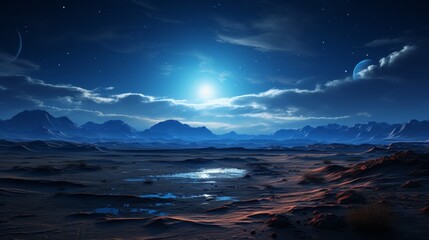 Fototapeta na wymiar A desert scene under the moonlight, the cool blue light casting a serene, otherworldly glow on the s