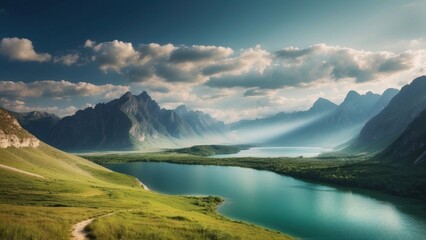 Obraz premium Explore a vast and diverse open world landscape of diverse hills, towering mountains and breathtaking lakes