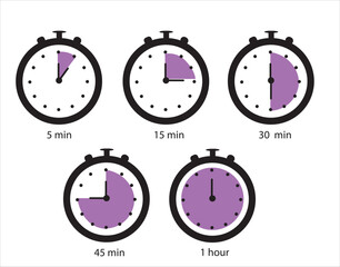 Time terms icon set. Hour 15 min half hour 30 min 45 min vector illustration