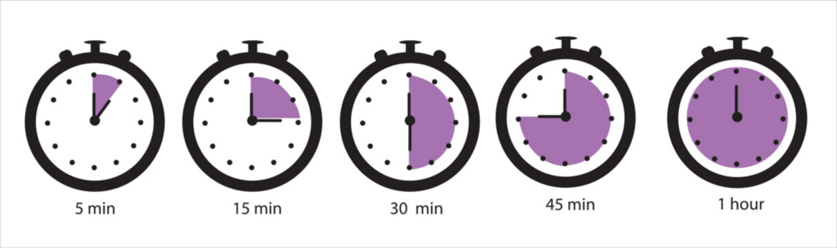 Time terms icon set. Hour 15 min half hour 30 min 45 min vector illustration