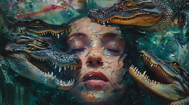 paint of a woman surrounded by crocodiles