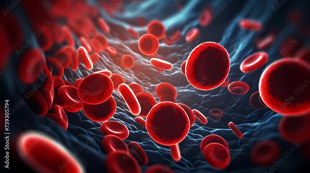 Sticker 3d rendering of red blood cells in vein with depth of field