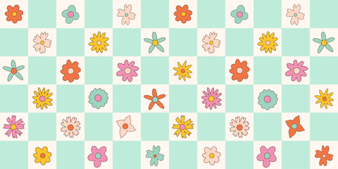 Floral pattern in the style of the 70s with groovy daisy flowers. Retro floral naive vector design. Style of the 60s, 70s, 80s