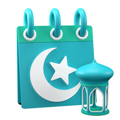 3D illustration of calendar and lantern for Ramadan and Eid Mubarak. Object on a transparent background.